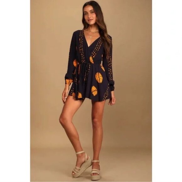 Lulus Adventuresome Dark Purple & Orange Tie-Dye Long Sleeve Romper Size XS - Picture 9 of 14